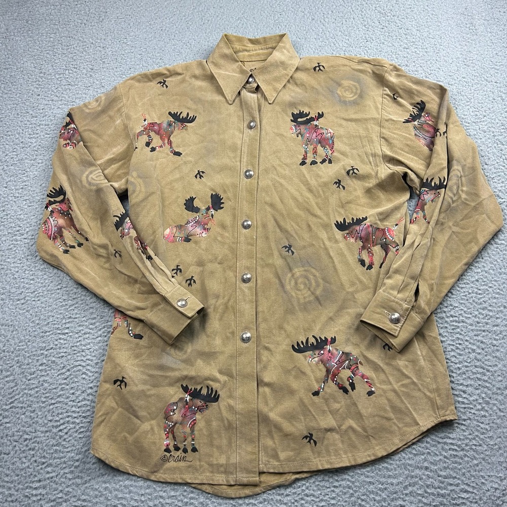 VTG Crain Button Up Shirt Womens Small Brown Hand Painted Tencel Rayon